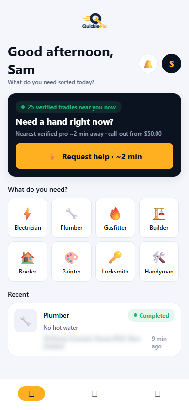 The QuickieFix app: verified tradies near you, dispatched in minutes