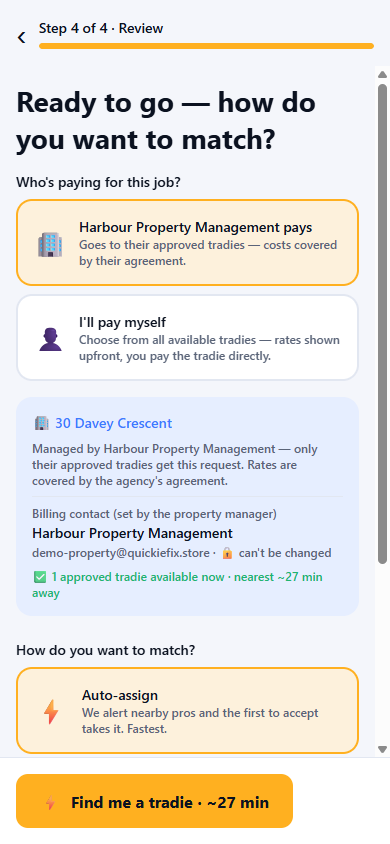 A tenant raising a fault at their managed property: dispatched only to the agency's approved tradies, billing locked to the agency
